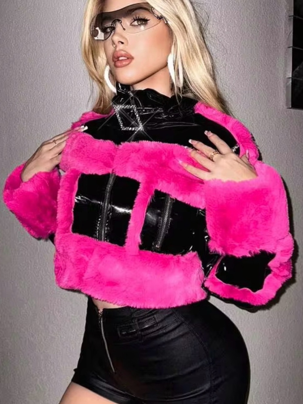 SHEIN Black Jacket with Hot Pink Faux Fur Trim